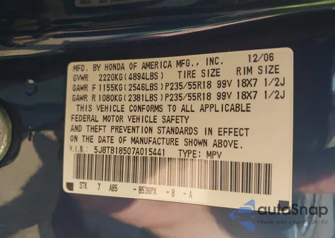 2007 Acura Rdx from USA, damaged, VIN 5J8TB18507A015441